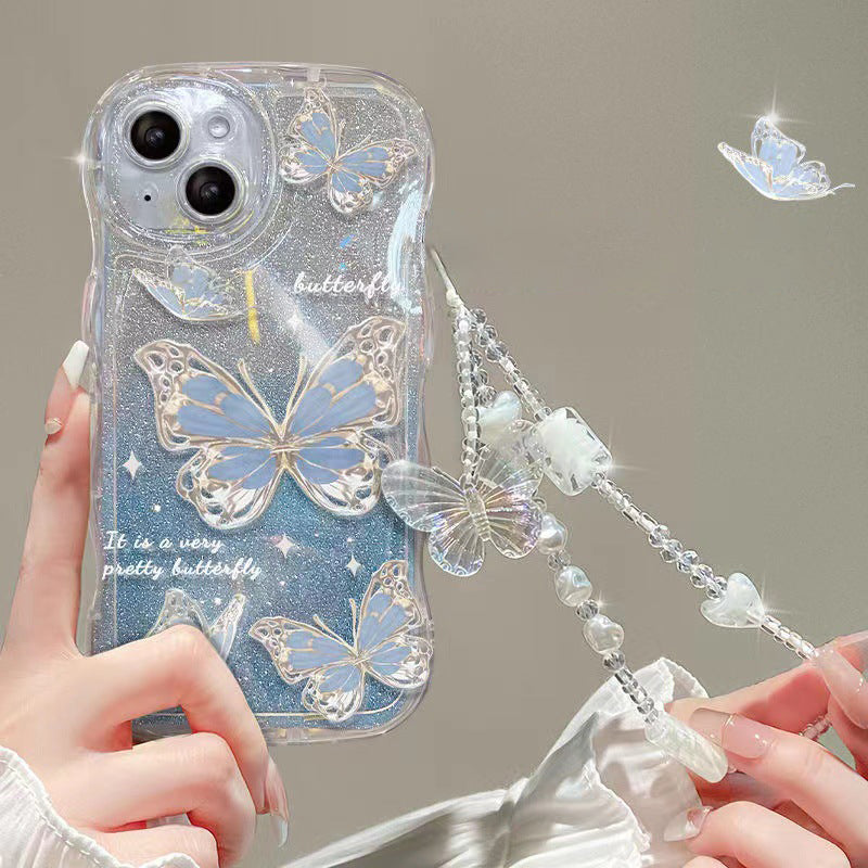 For iPhone 14 Plus Wave Frame Shape TPU Phone Case Butterfly Pattern Gradient Bling Glitter Cover with Chain For iPhone 14 Plus Wave Frame Shape TPU Phone Case Butterfly Pattern Gradient Bling Glitter Cover with Chain